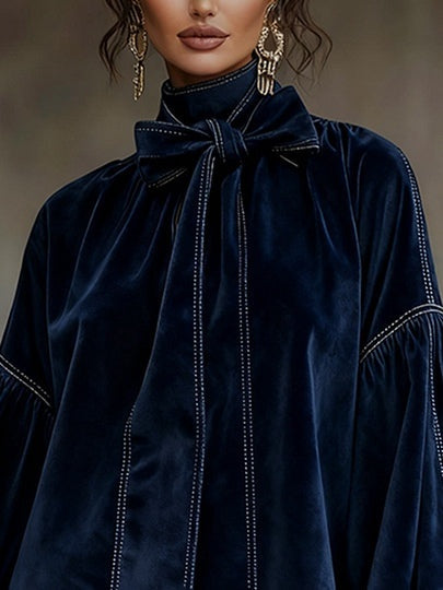 Vestido Mini Mujer de Terciopelo con Lazo y Mangas Abullonadas