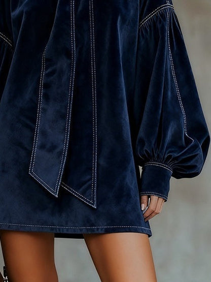 Vestido Mini Mujer de Terciopelo con Lazo y Mangas Abullonadas