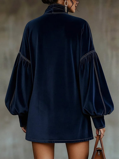 Vestido Mini Mujer de Terciopelo con Lazo y Mangas Abullonadas