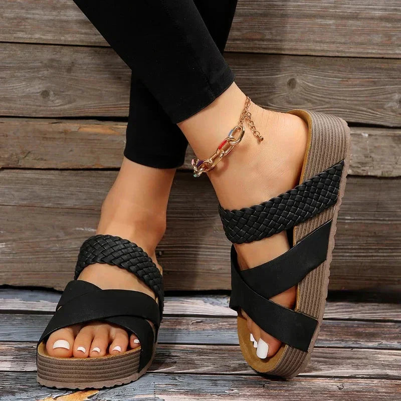 Sandalias Mujer Cuero Tiras Trenzadas Suela Ergonómica