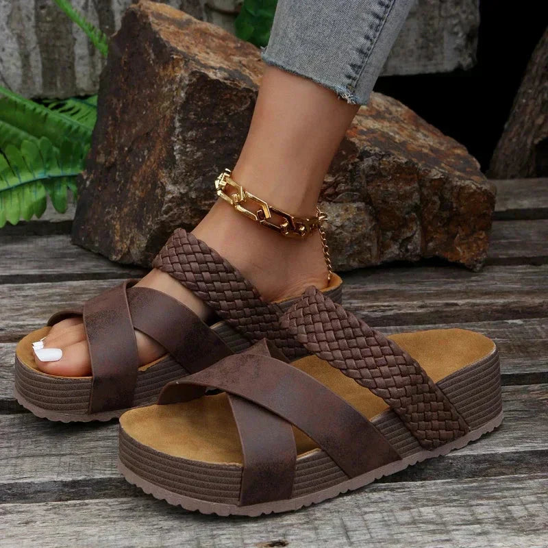 Sandalias Mujer Cuero Tiras Trenzadas Suela Ergonómica