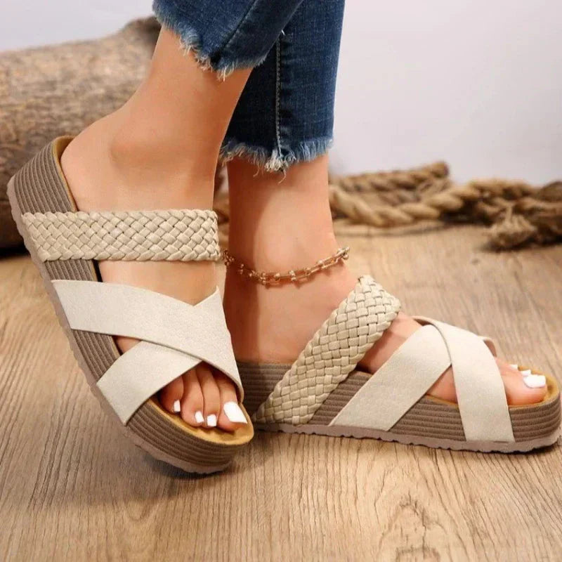 Sandalias Mujer Cuero Tiras Trenzadas Suela Ergonómica