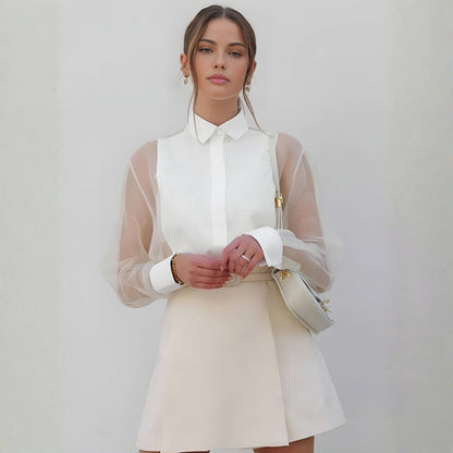 Blusa Mujer de Gasa Mangas Transparentes Cuello Clásico