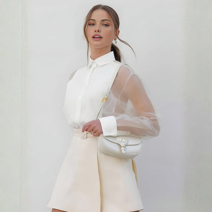 Blusa Mujer de Gasa Mangas Transparentes Cuello Clásico