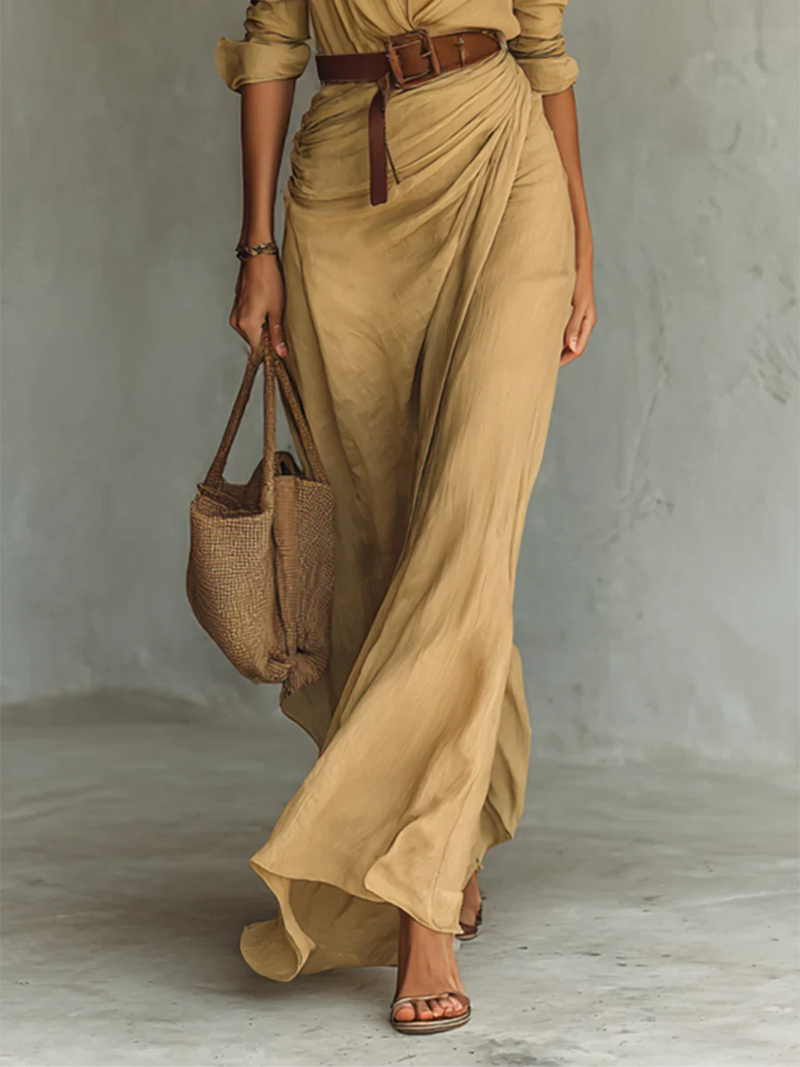 Vestido Largo Mujer Camisero con Cinturón Escote en V