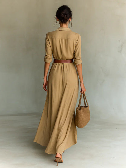 Vestido Largo Mujer Camisero con Cinturón Escote en V