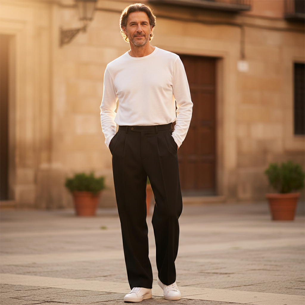 Pantalones Vestir Hombre con Pinzas Pierna Ancha Tiro Medio