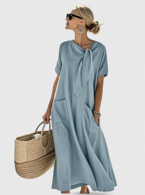 Vestido maxi mujer ligero escote en V manga corta falda fluida - Mavetta