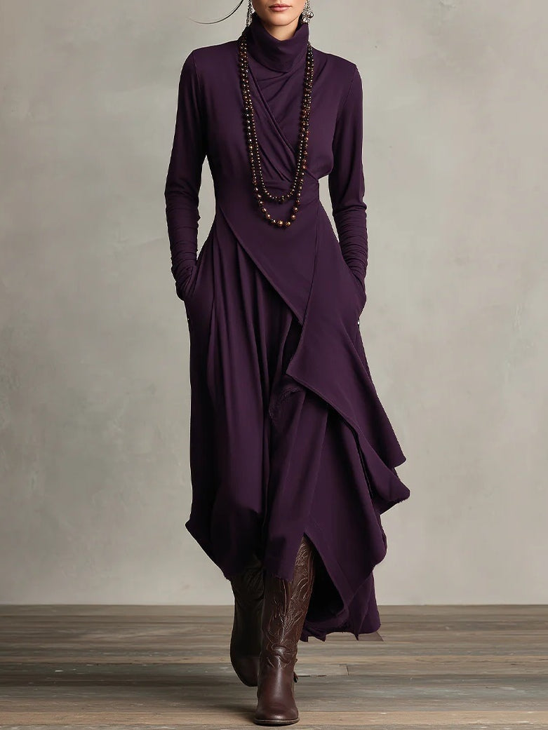 Vestido Largo Mujer Drapeado Asimétrico Cuello Alto - Mavetta