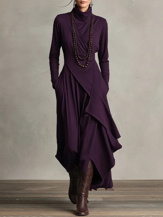 Vestido Largo Mujer Drapeado Asimétrico Cuello Alto - Mavetta
