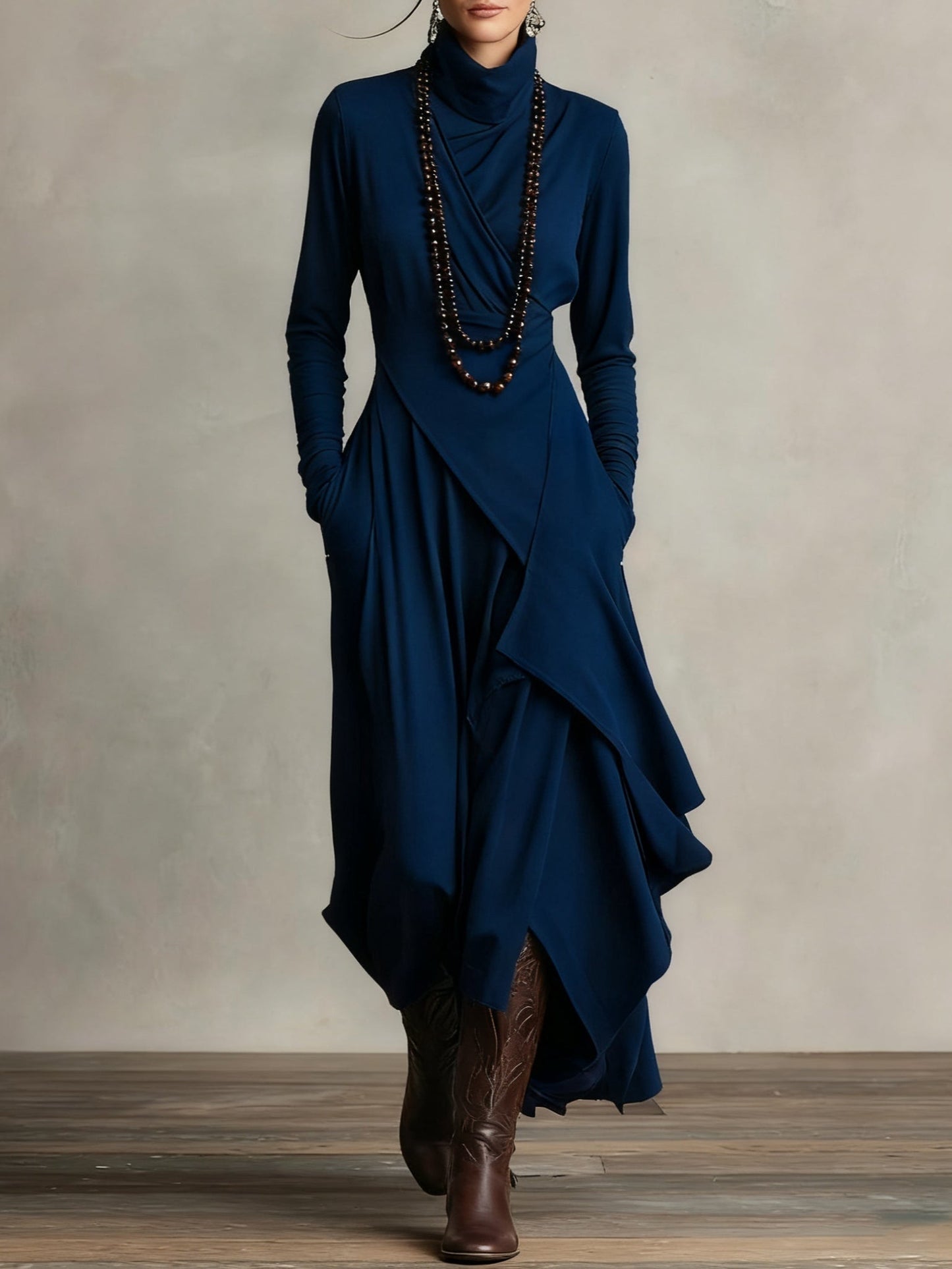 Vestido Largo Mujer Drapeado Asimétrico Cuello Alto