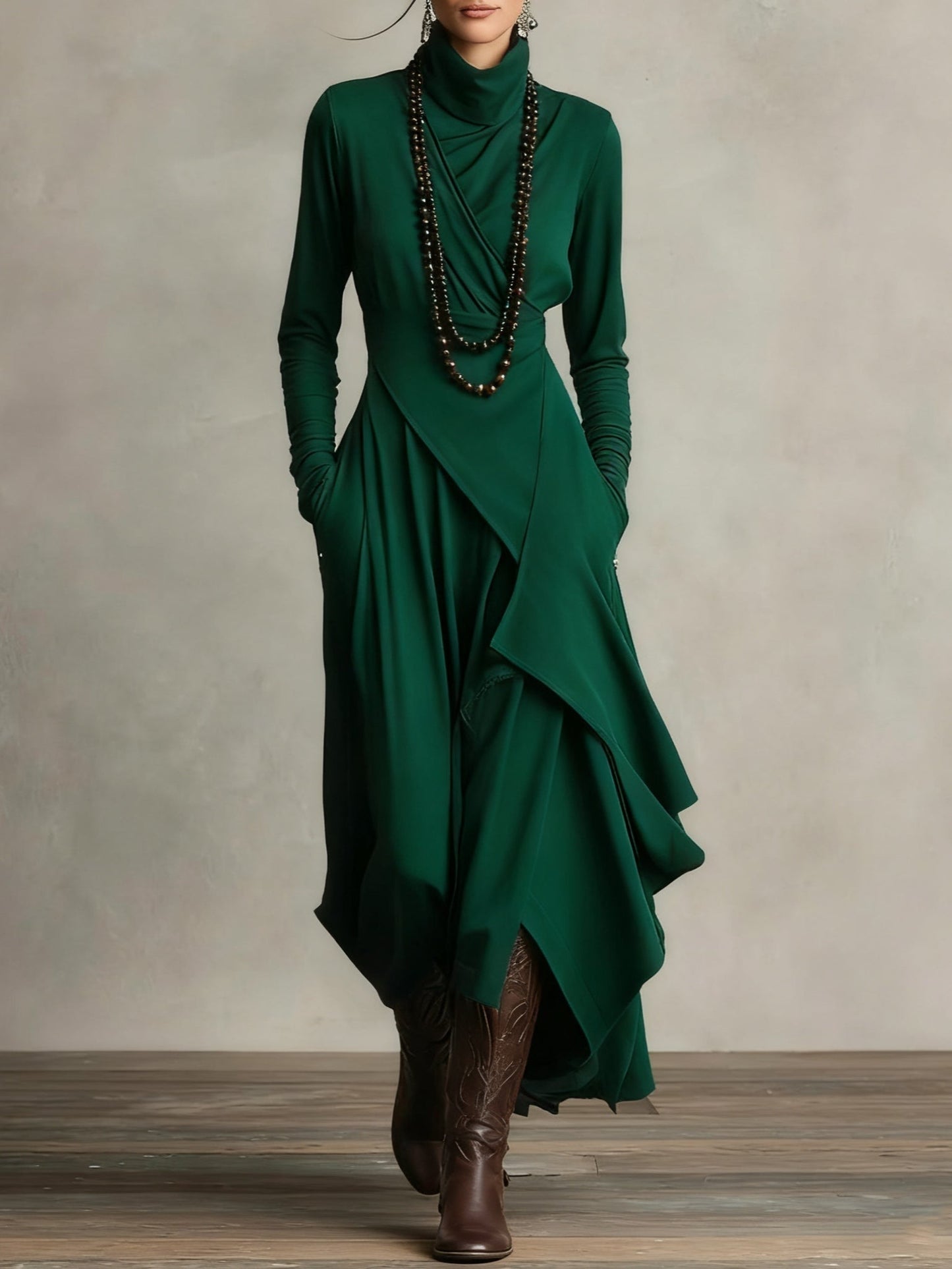 Vestido Largo Mujer Drapeado Asimétrico Cuello Alto