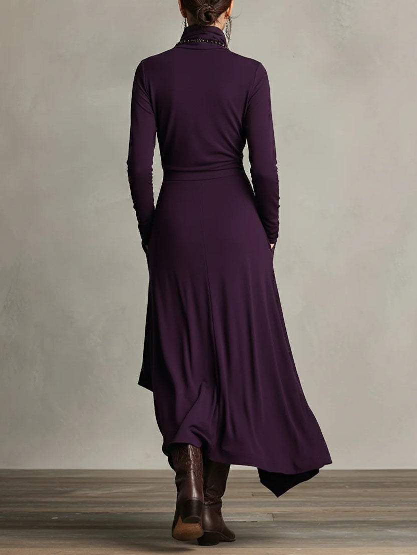 Vestido Largo Mujer Drapeado Asimétrico Cuello Alto