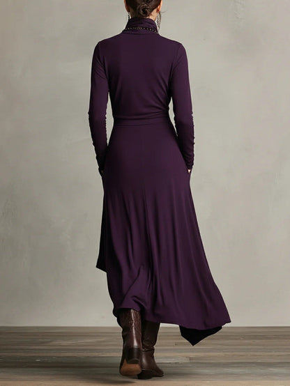 Vestido Largo Mujer Drapeado Asimétrico Cuello Alto