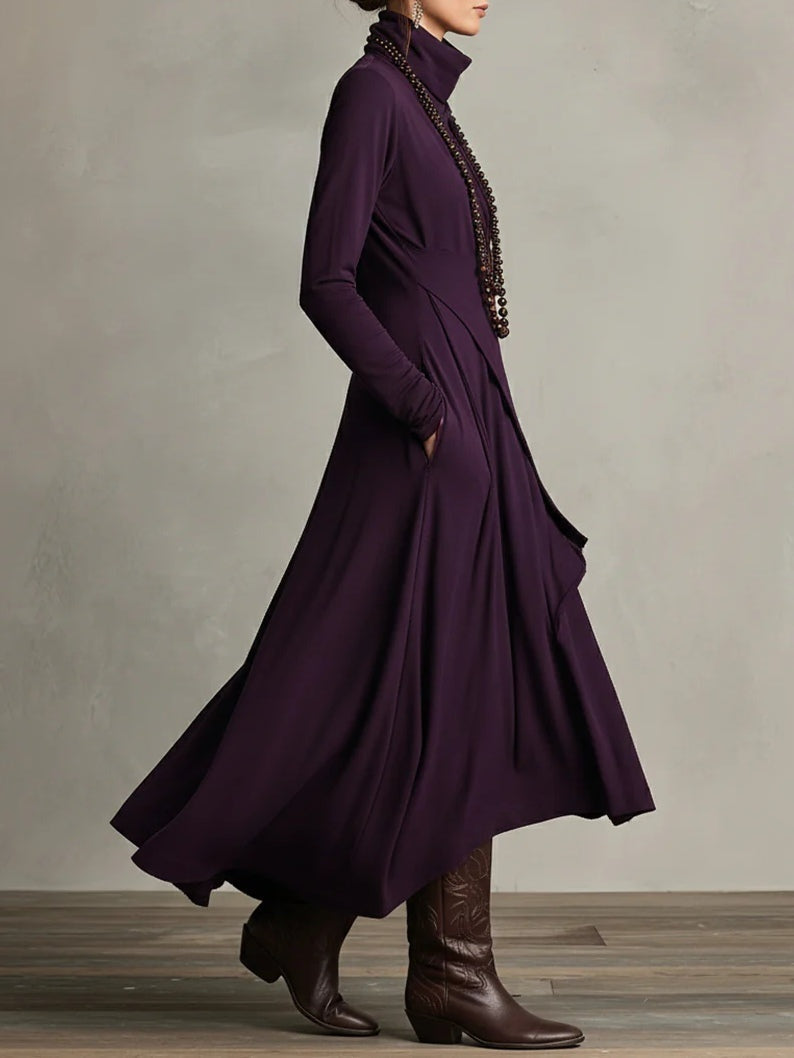 Vestido Largo Mujer Drapeado Asimétrico Cuello Alto