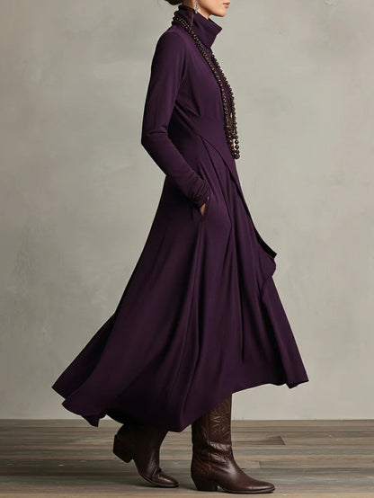 Vestido Largo Mujer Drapeado Asimétrico Cuello Alto