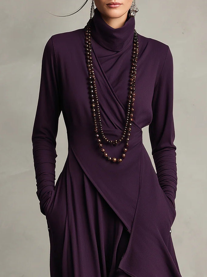 Vestido Largo Mujer Drapeado Asimétrico Cuello Alto