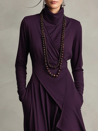 Vestido Largo Mujer Drapeado Asimétrico Cuello Alto