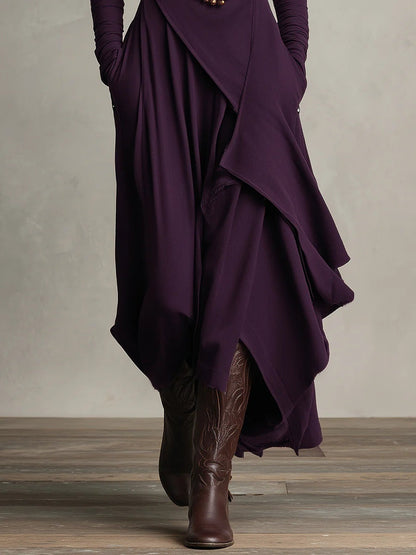 Vestido Largo Mujer Drapeado Asimétrico Cuello Alto