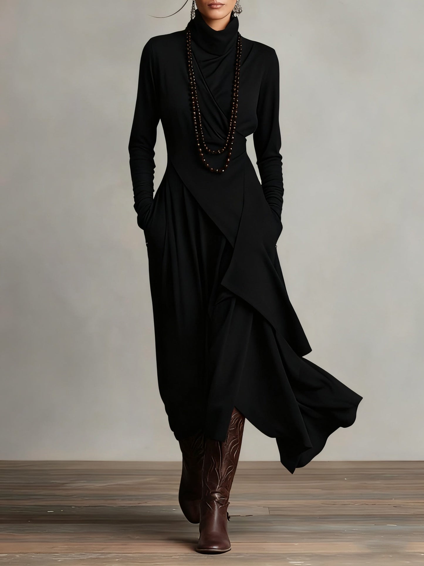 Vestido Largo Mujer Drapeado Asimétrico Cuello Alto