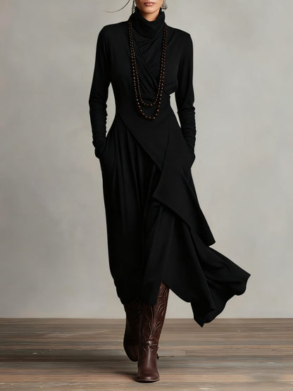 Vestido Largo Mujer Drapeado Asimétrico Cuello Alto