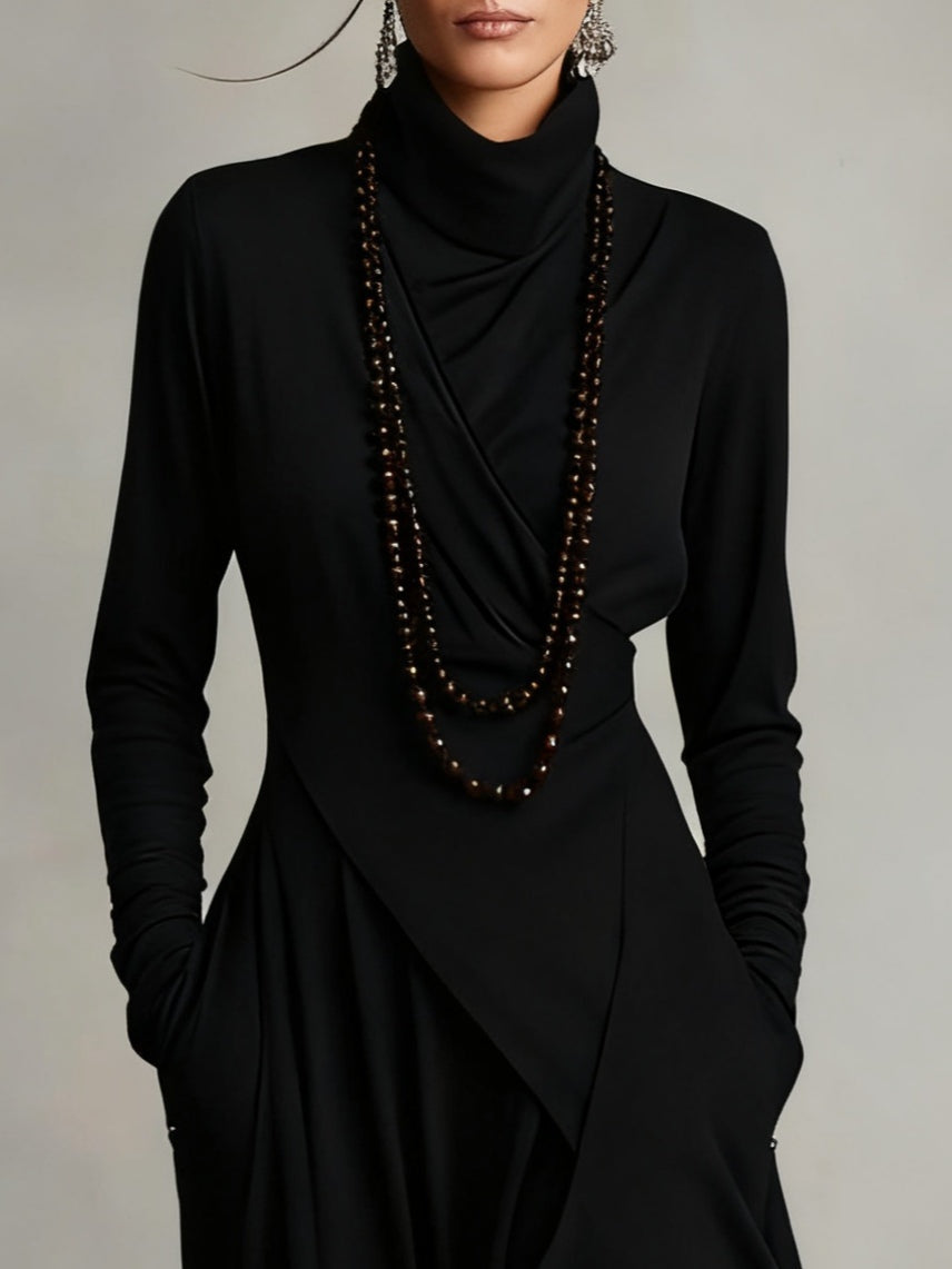 Vestido Largo Mujer Drapeado Asimétrico Cuello Alto