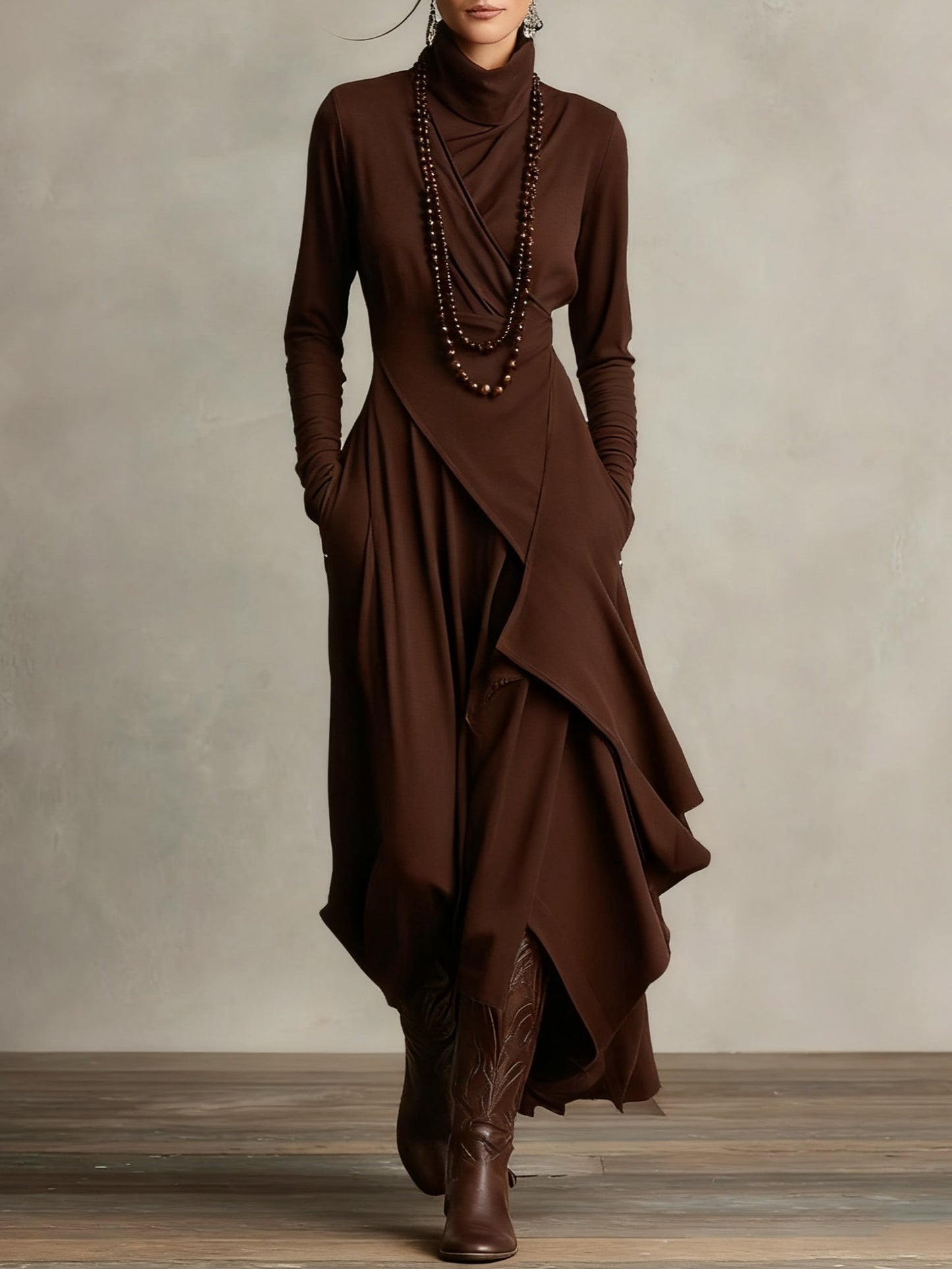 Vestido Largo Mujer Drapeado Asimétrico Cuello Alto