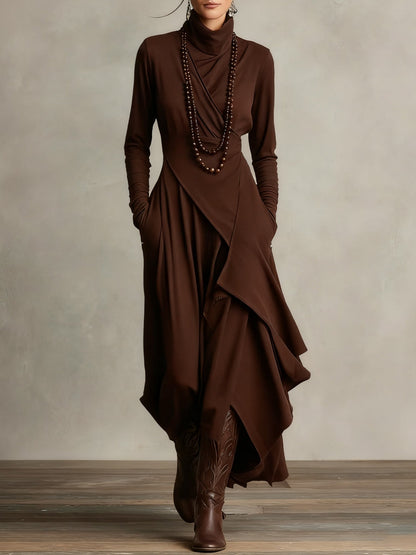 Vestido Largo Mujer Drapeado Asimétrico Cuello Alto