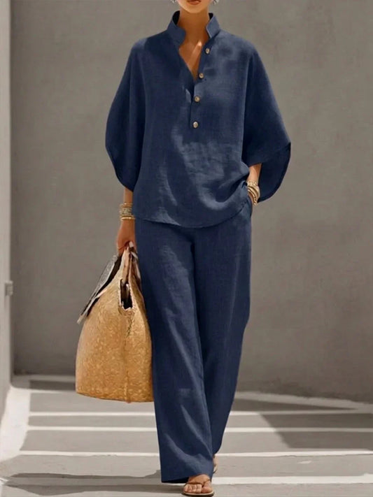 Conjunto mujer de lino mangas murciélago pantalón ancho - Mavetta