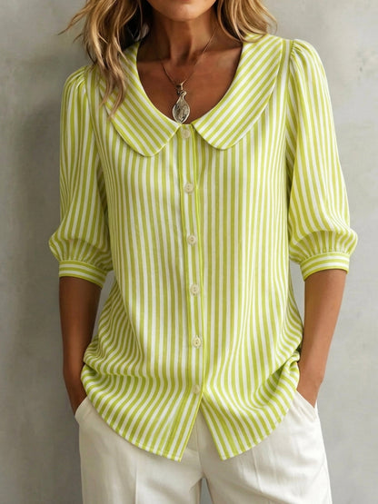 Blusa mujer de rayas cuello redondo botones manga abullonada
