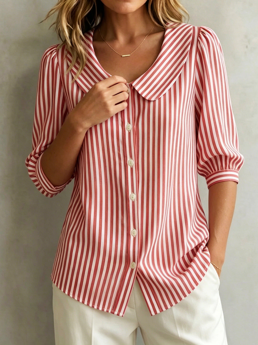 Blusa mujer de rayas cuello redondo botones manga abullonada - Mavetta