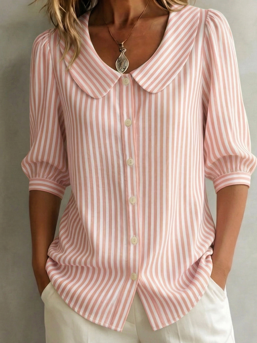 Blusa mujer de rayas cuello redondo botones manga abullonada