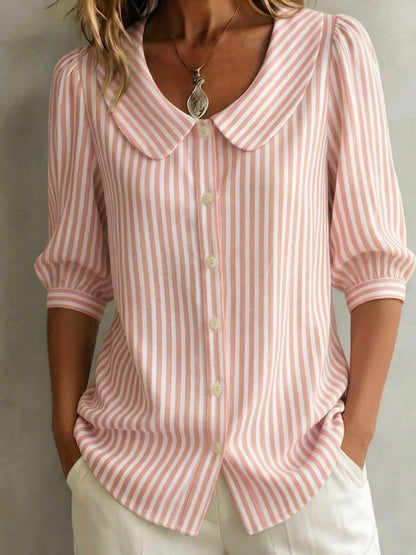 Blusa mujer de rayas cuello redondo botones manga abullonada