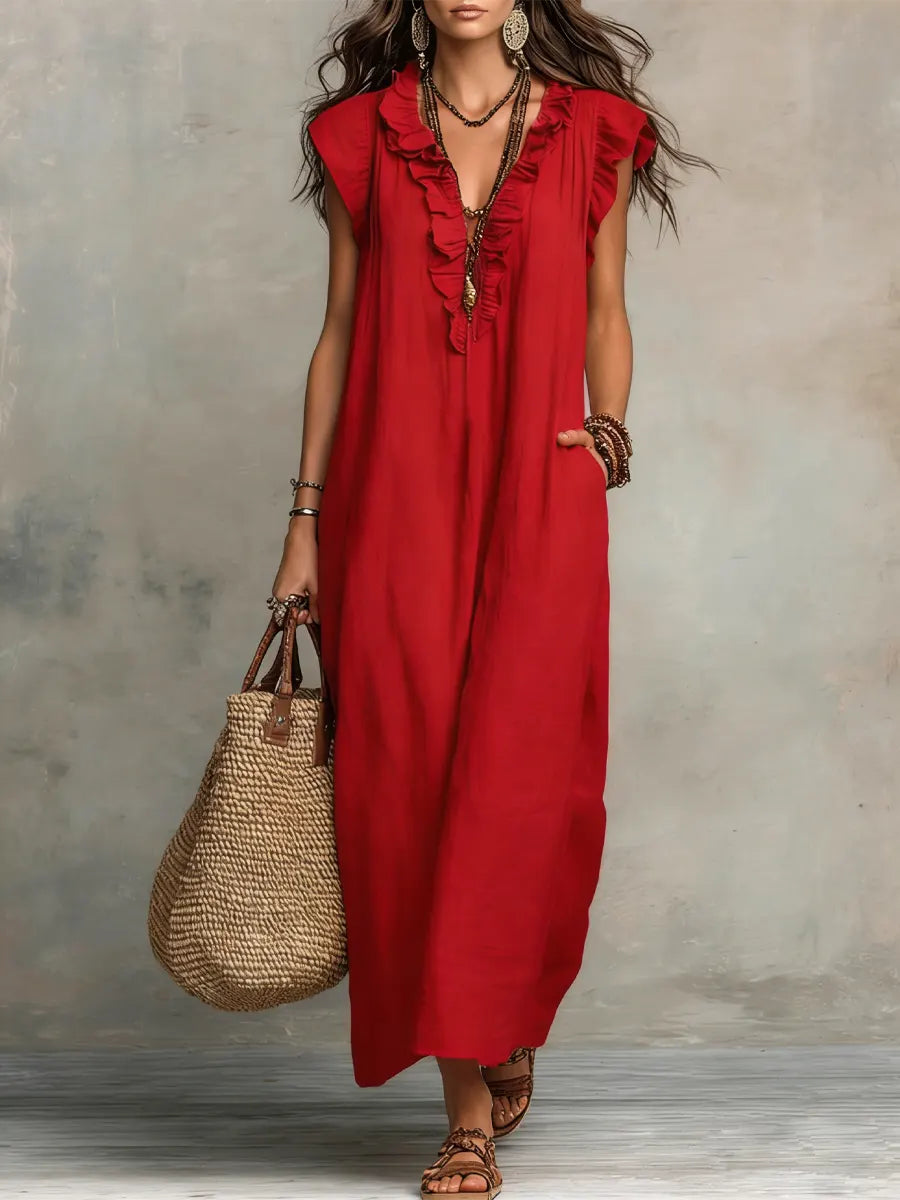 Vestido Largo Mujer Lino Algodón Estilo Bohemio Natural