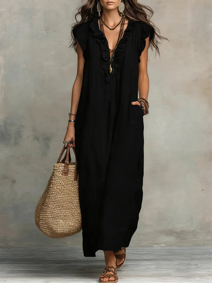 Vestido Largo Mujer de Lino Estilo Bohemio Natural