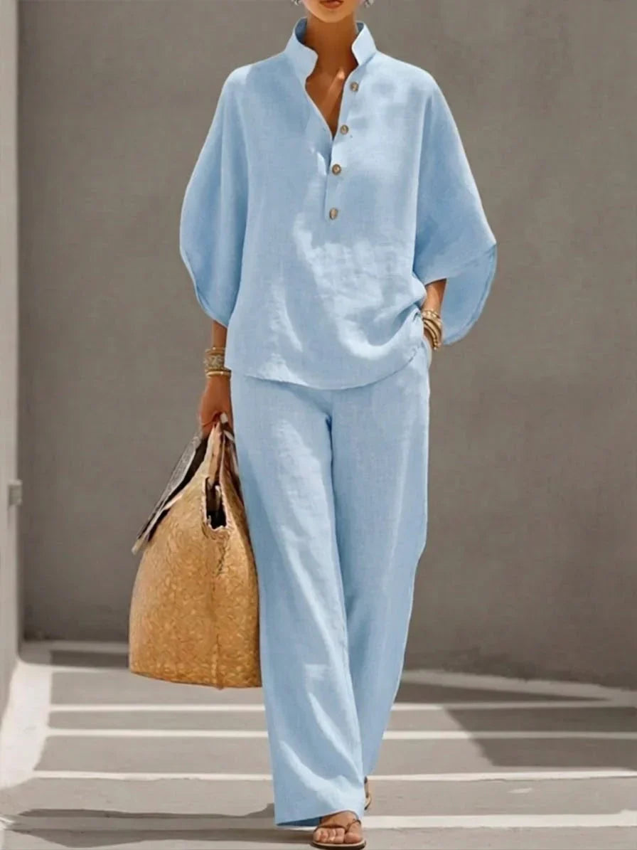 Conjunto mujer de lino mangas murciélago pantalón ancho