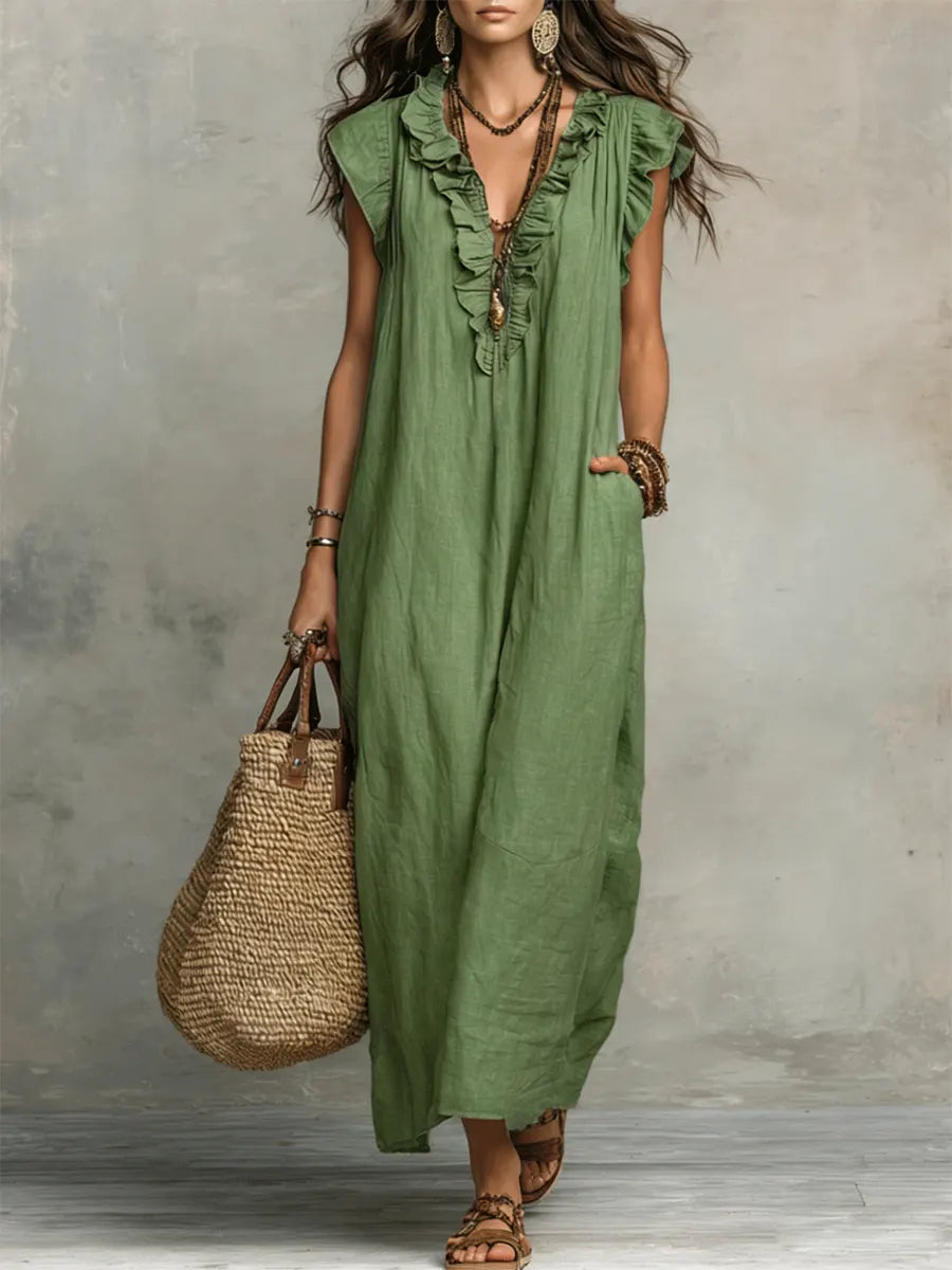 Vestido Largo Mujer de Lino Estilo Bohemio Natural