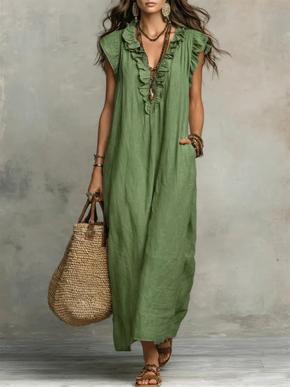 Vestido Largo Mujer Lino Algodón Estilo Bohemio Natural
