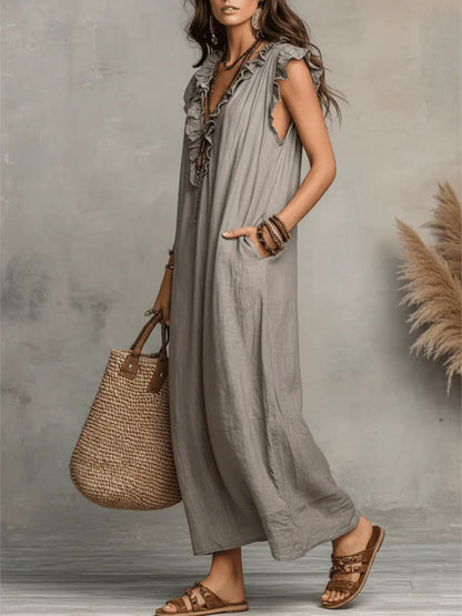 Vestido Largo Mujer Lino Algodón Estilo Bohemio Natural
