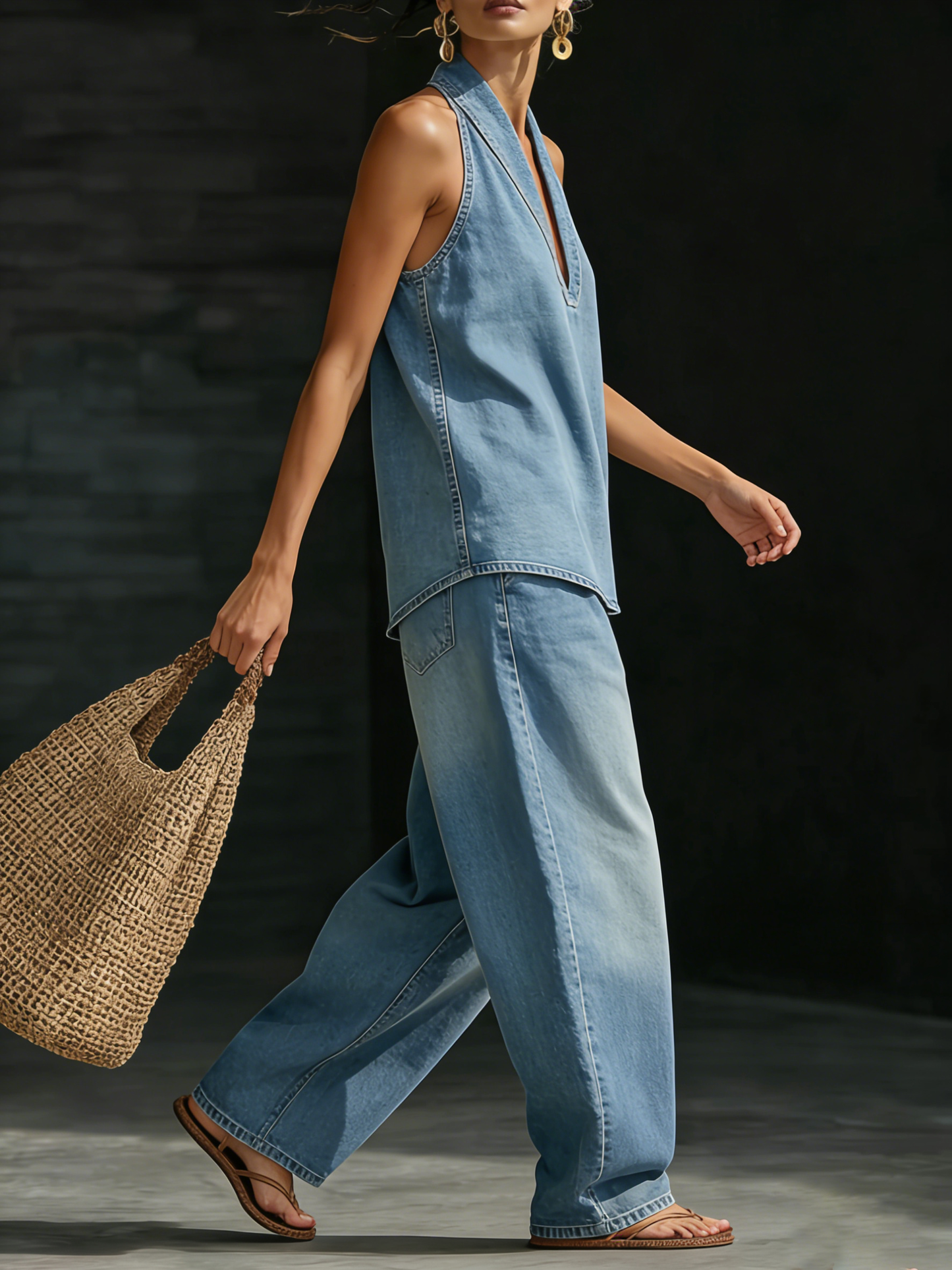 Conjunto Mujer Denim Halter Escote en V Jeans Anchos