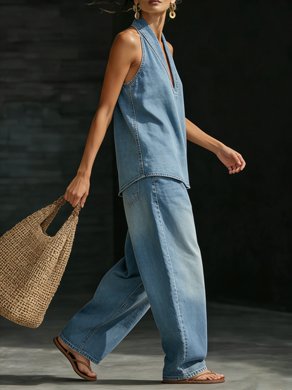 Conjunto Mujer Denim Halter Escote en V Jeans Anchos