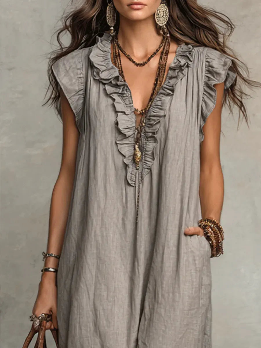 Vestido Largo Mujer Lino Algodón Estilo Bohemio Natural