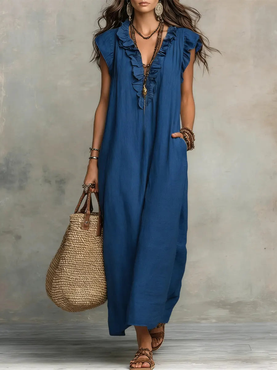 Vestido Largo Mujer Lino Algodón Estilo Bohemio Natural