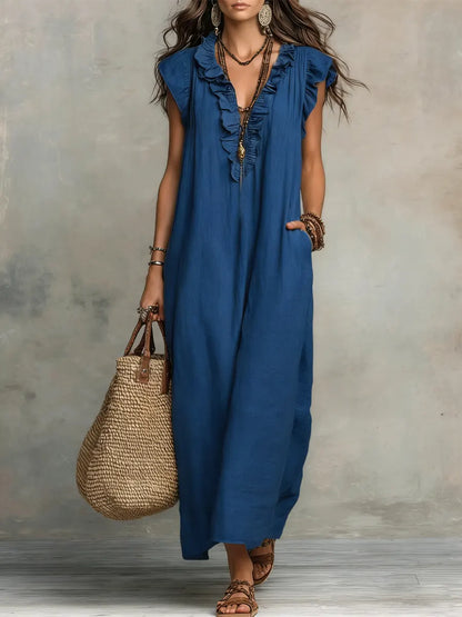Vestido Largo Mujer Lino Algodón Estilo Bohemio Natural