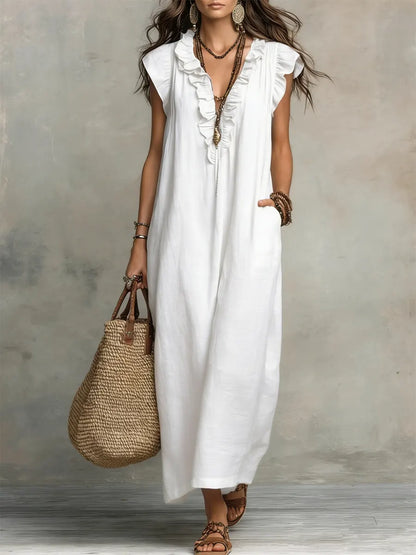Vestido Largo Mujer Lino Algodón Estilo Bohemio Natural