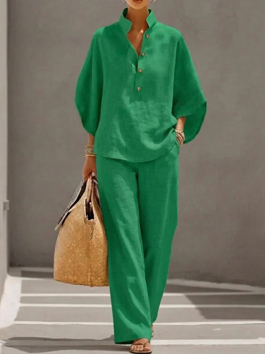 Conjunto mujer de lino mangas murciélago pantalón ancho