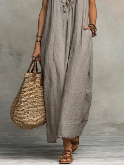 Vestido Largo Mujer Lino Algodón Estilo Bohemio Natural