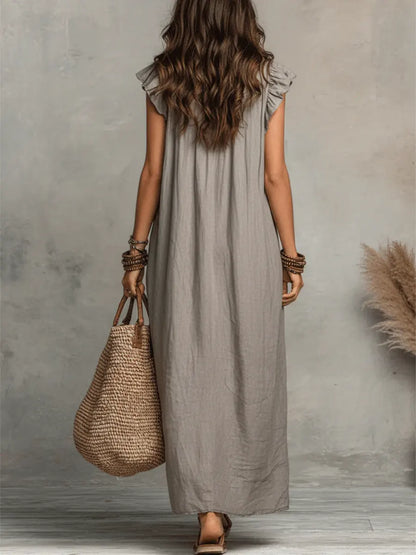 Vestido Largo Mujer Lino Algodón Estilo Bohemio Natural