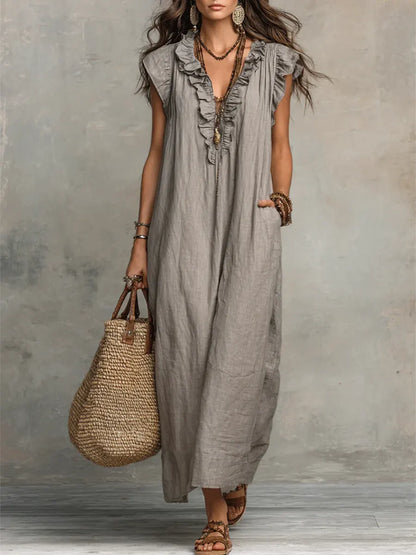 Vestido Largo Mujer Lino Algodón Estilo Bohemio Natural - Mavetta