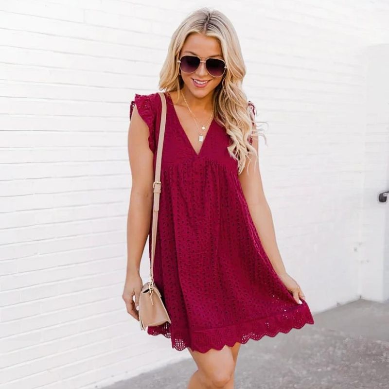 Vestido corto Mujer en línea A con escote en V y mangas de encaje